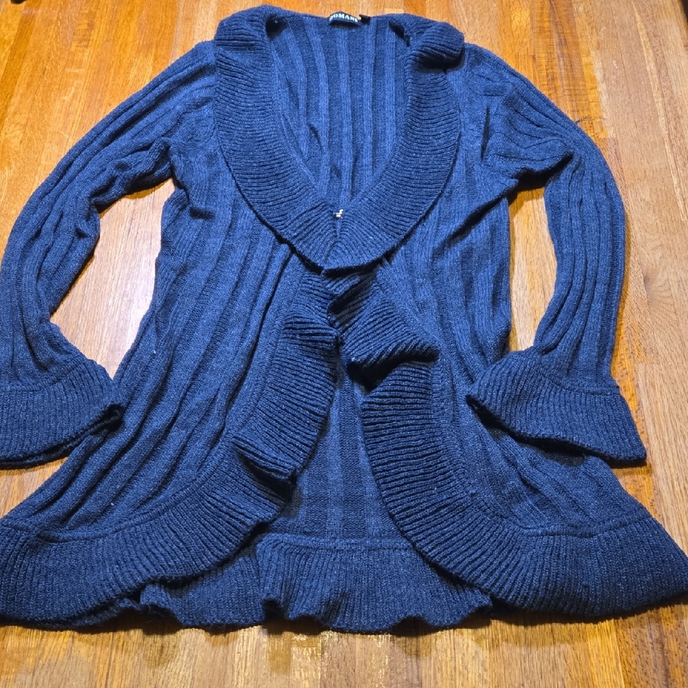 Domani Women Large Navy Blue Ruffled Open Front Knitted Bell Cuff BOHO‎ Cardigan